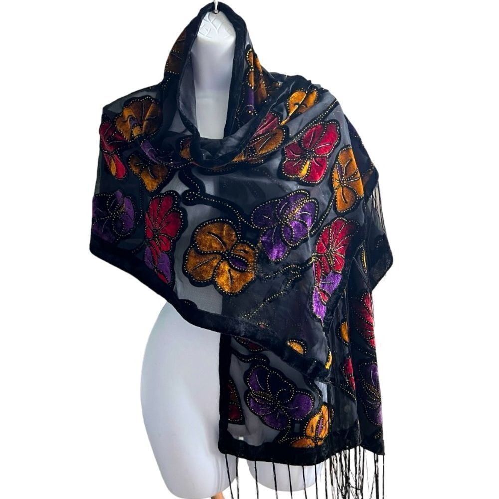 Black Velvet Scarf/Shawl Shoulder Cover Up Rectangle W/Fringe Floral Beaded